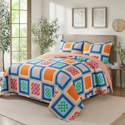 NEWLAKE Quilt Bedspread Sets - Bohemian Farmhouse Pattern Reversible Coverlet Set, King Size