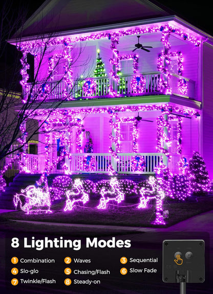 Brightown 2-Pack 400LED 170FT Total Halloween Solar Outdoor Lights IP65 Waterproof Solar Powered Lights with 8 Lighting Modes for Party Garden Yard Home Holiday Tree Decoration Lighting,Purple