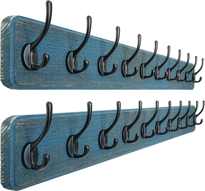 Dseap Coat Rack Wall: 38-1/4" Long, Patented, Heavy-Duty, 10-Double-Hooks Wooden Wall Mounted Coat Rack Coat Hanger Hook Rail for Winter Coats Hat Jacket Clothing, Weathered Blue, Pack of 2