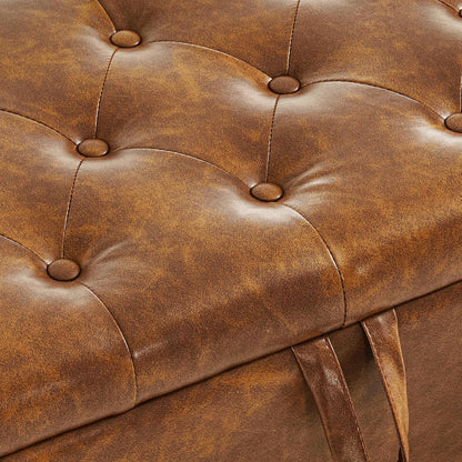 Furniliving Storage Ottoman Bench, Leather Benches End of Bed Bench with Solid Wood Legs Upholstered Ottoman Bench with Storage Indoor Bench for Living Room with Rolled Arm, Entryway, YellowBrown