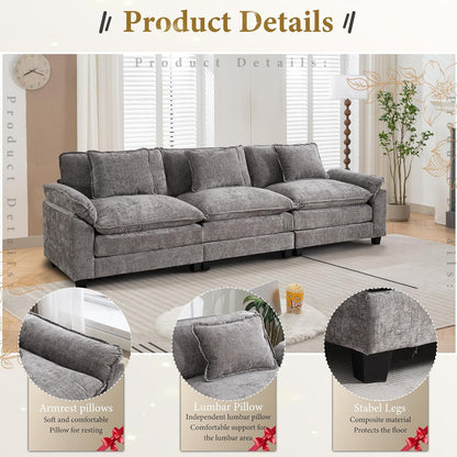 URRED Modular Sectional Sofa Comfy Cloud Couch, Modern Chenille Sofa Sleeper Deep Seat Couches with Ottoman/Pillows for Living Room (Gray, 117'')