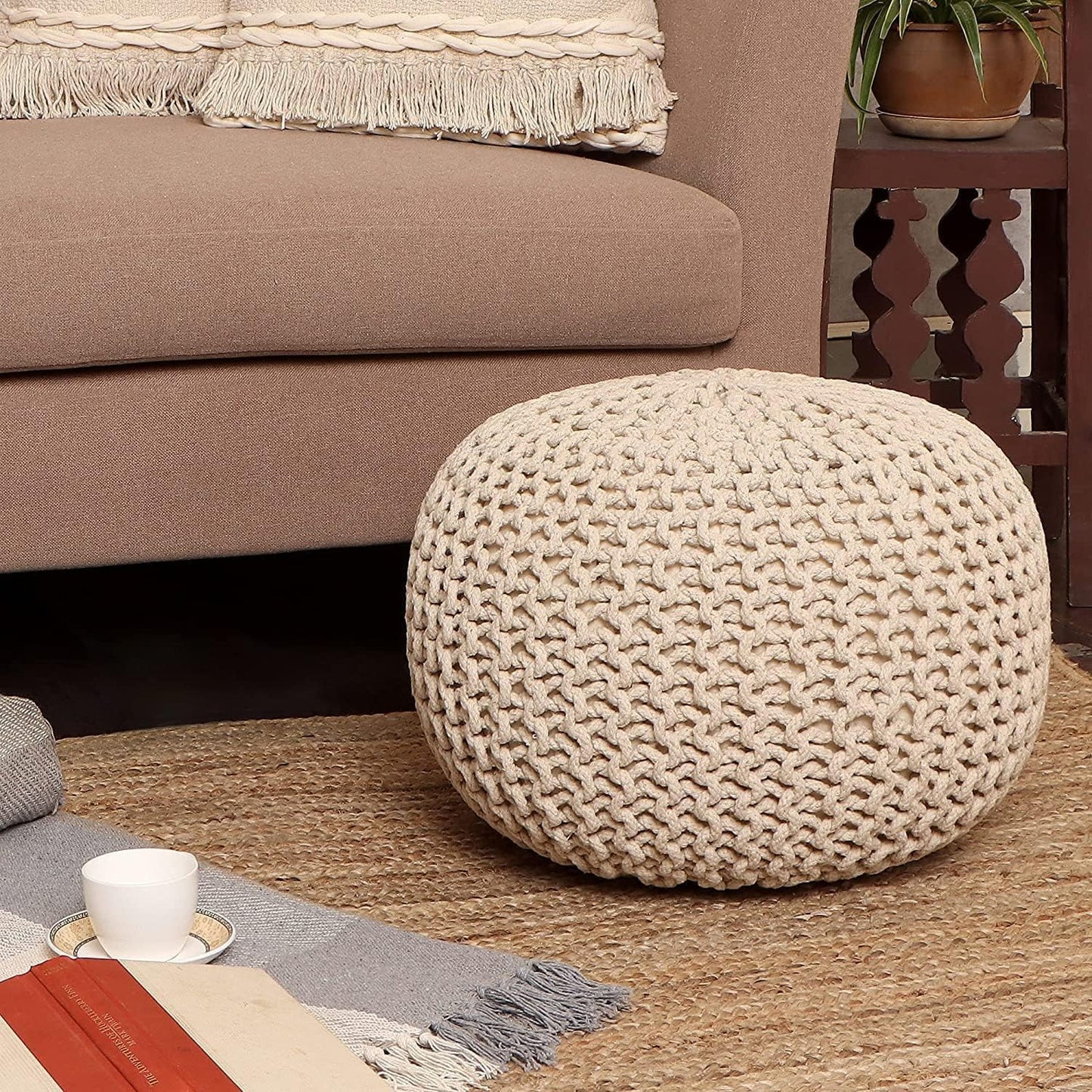 REDEARTH Round Pouf Ottoman - Cable Knitted Boho Poof - Home Décor Cord Pouffe Handmade Circular Footrest for Living Room - Bedroom - Kids Bedroom - 100% Cotton Pouf (19.5"x19.5"x14") - Ivory