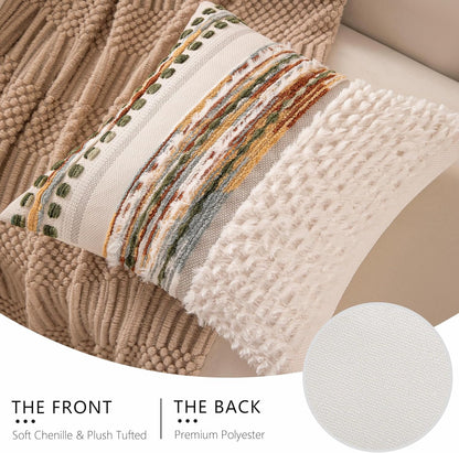 Boho Chenille Tufted Couch Throw Pillow Covers 18x18 Inch Set of 2 Farmhouse Striped Decorative Pillow Covers Accent Neutral Pillowcase Forest Cushion Cover for Living Room Sofa Bed