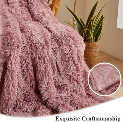XeGe Plush Faux Fur Throw, Dusty Pink Luxurious 50x60 Shaggy Furry Blanket, Fluffy Microfiber Velvet Couch Throw, Ultra Soft Warm Fuzzy Lap Blanket for Sofa Bed Chair Car Office, Dusty Pink