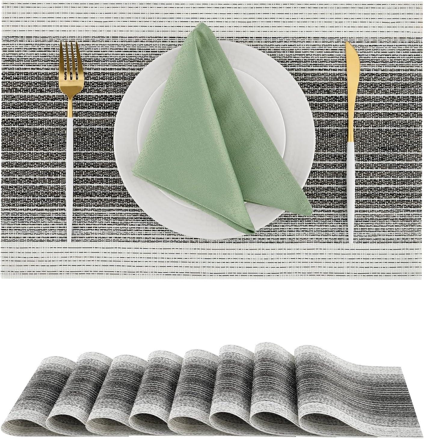 Leetaltree Black with White Woven Placemats Set of 8 - Heat Resistant Non-Slip Place mats for Dining Table, Washable Durable PVC Vinyl Woven Table Mats(Black with White, 8)