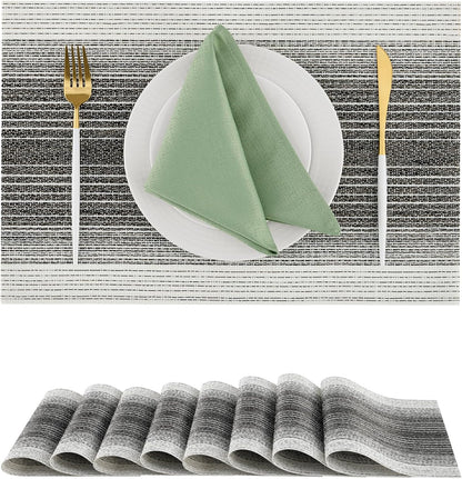 Leetaltree Black with White Woven Placemats Set of 8 - Heat Resistant Non-Slip Place mats for Dining Table, Washable Durable PVC Vinyl Woven Table Mats(Black with White, 8)