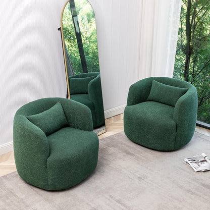 KINWELL 34" Wide Boucle Swivel Barrel Chairs Set of 2, No Assembly Round Upholstered Armchairs Accent Chairs Single Sofa Chair with Toss Pillow for Living Room and Bedroom, Green