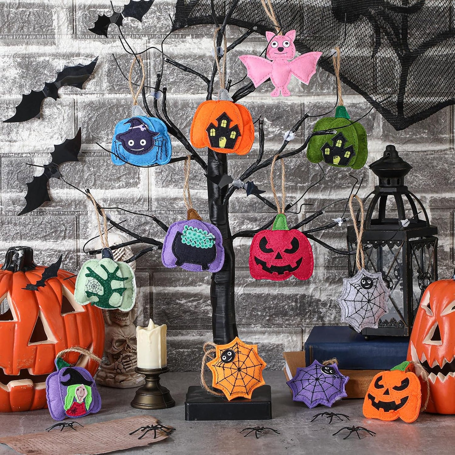12 Pcs Halloween Felt Ornaments Spooky Pumpkin 3D Hanging Ornaments 3.15 Inch Spider Web Bat Tree Felt Decorations for Tree Halloween Party Decor