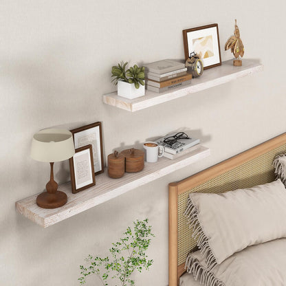 Axeman Floating Shelves for Wall - 40''W x 8'' D Rustic Solid Elm Wood Shelves for Storage, Wall Mounted Display Shelving with Invisible Heavy-Duty Metal Bracket (White Wash, 2PCs)