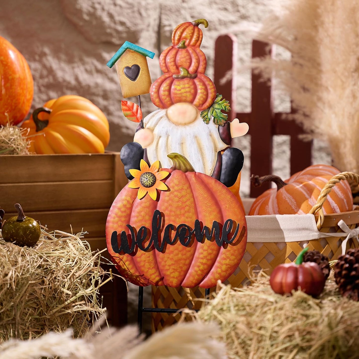 TERESA'S COLLECTIONS Fall Gnome Pumpkin Decorations for Outdoor Home, Metal Fall Decor Welcome Signs Stakes, Orange Autumn Yard Decor for Thanksgiving, Harvest Garden Patio Gift for Mom 25"