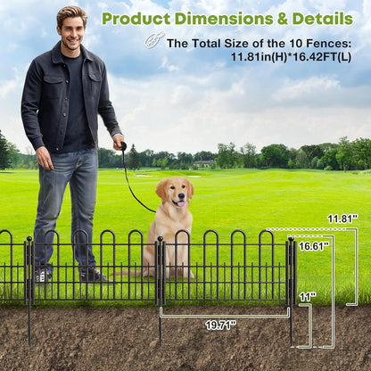 10 Panels Decorative Garden Fence with U-Shape, 11.81in (H) X 16.42ft (L) Dog Fence Outdoor for Yard Security, Garden Fencing Includes Deep Stakes