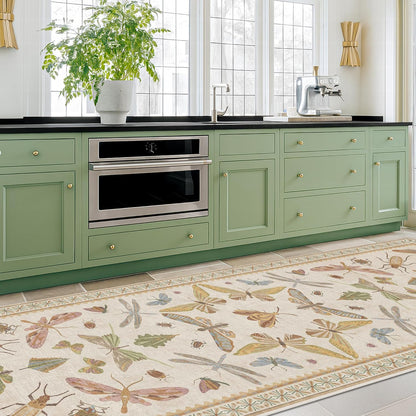 8 ft Long Hallway Rug - 2'6''x8' Wide Kitchen Runner Rug, Non-Slip & Stain Resistant Long Floor Rug, Neutral Beige Boho Floral Insect Decor