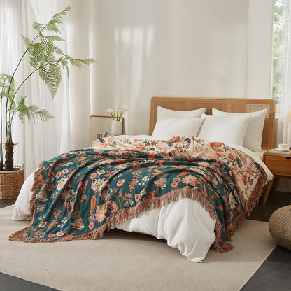 Boho Throw Blanket for Bed 90”x98”, 100% Cotton Woven Blanket for Couch Sofa, Ultra Soft 4-Layer Muslin Quilt with Floral Printed, Farmhouse Bed Blanket/Cover for Living Room Decor