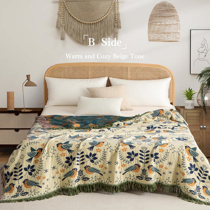 Boho Throw Blanket Queen Size, Oversized Soft Cozy Cotton Muslin Quilt Blanket for Bed Decor, Bird Patterned Couch Sofa Chair Cover, Vintage Farmhouse Cottage Woven Blanket, Green&Beige