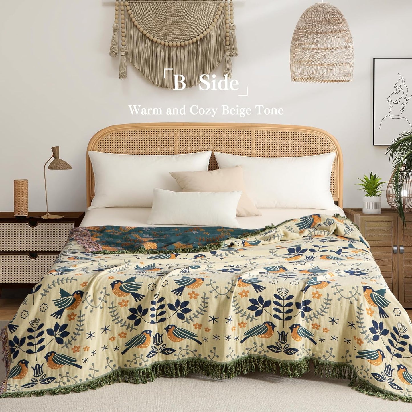 Boho Throw Blanket Full Size, Extra Large Soft Cozy Cotton Muslin Quilt Blanket for Bed Decor, Bird Patterned Couch Sofa Chair Cover, Vintage Farmhouse Cottage Woven Blanket, Green&Beige