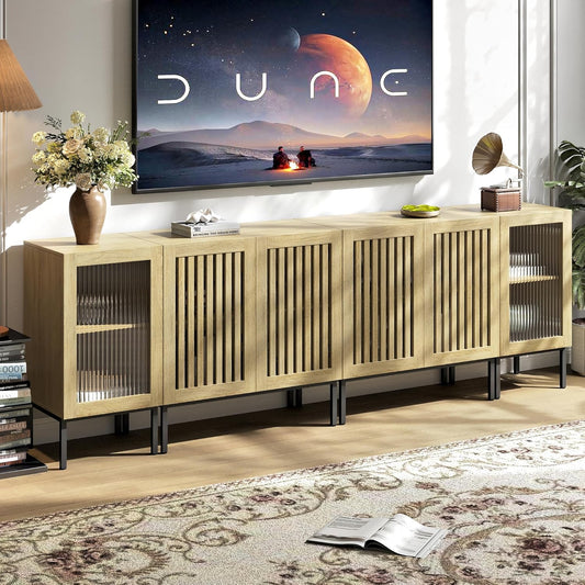 Farmhouse TV Stand for TVs up to 100 Inch, Entertainment Center TV Console with Storage Cabinets and Glass Doors,Media Console for Living Room,Oak