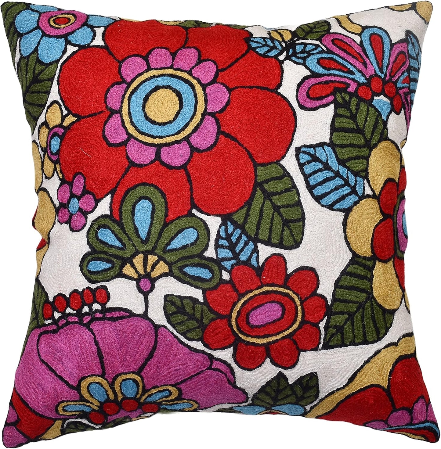 Floral Pillow Cover Handembroidered Wool 18x18 (Retro Floral Pillow Cover)