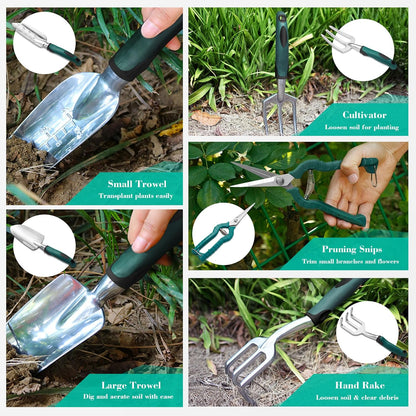 FiveJoy Garden Tool Set, 11 PCS Aluminum Gardening Hand Tools with Tote Bag, Ergonomic Handle, Gift for Women, Men, Mom, Dad, Garden Starter Kit