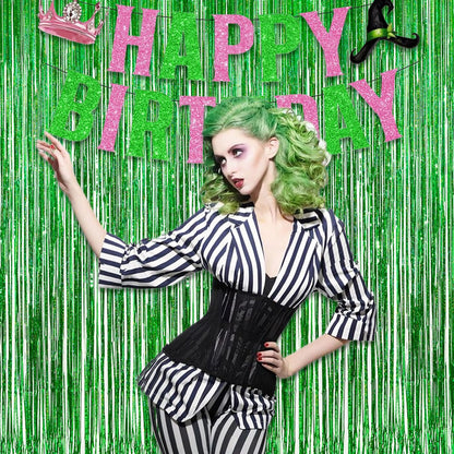 Green Tinsel Curtain Party Backdrop - GREATRIL Foil Fringe Streamers for St Patrick’s Day/Luau/Turtle/Hawaiian/Dinosaur/Ghost/Football/Christmas Decorations 2 Packs