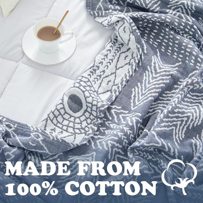 jinchan Boho 100% Cotton Muslin Blanket 3-Layer Queen Size 80x90 Inches Geometric Blue Lightweight Reversible Soft Cozy Comfy Throw for Couch Sofa Bed Coverlet Quilt Large Blanket Bedroom All Seasons