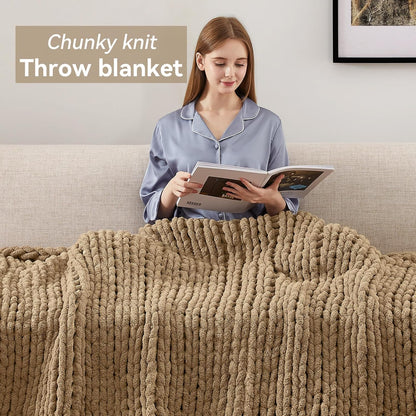 Chunky Knit Throw Blanket, 40''*50'' Knitted Throw Chenille Yarn for Bed Couch, Handmade Light Brown Crochet Big Thick Blanket, Machine Washable Cute Comfy Blanket for Home Decor