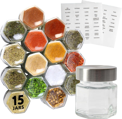 IMPRESA Hexagon Magnetic Spice Jars - 15 Pack 1.74 oz Glass Jars With Stainless Steel Lids - Airtight Magnetic Seasoning Containers & Space-Saving Honeycomb Fridge Magnets - 60 Preprinted Labels