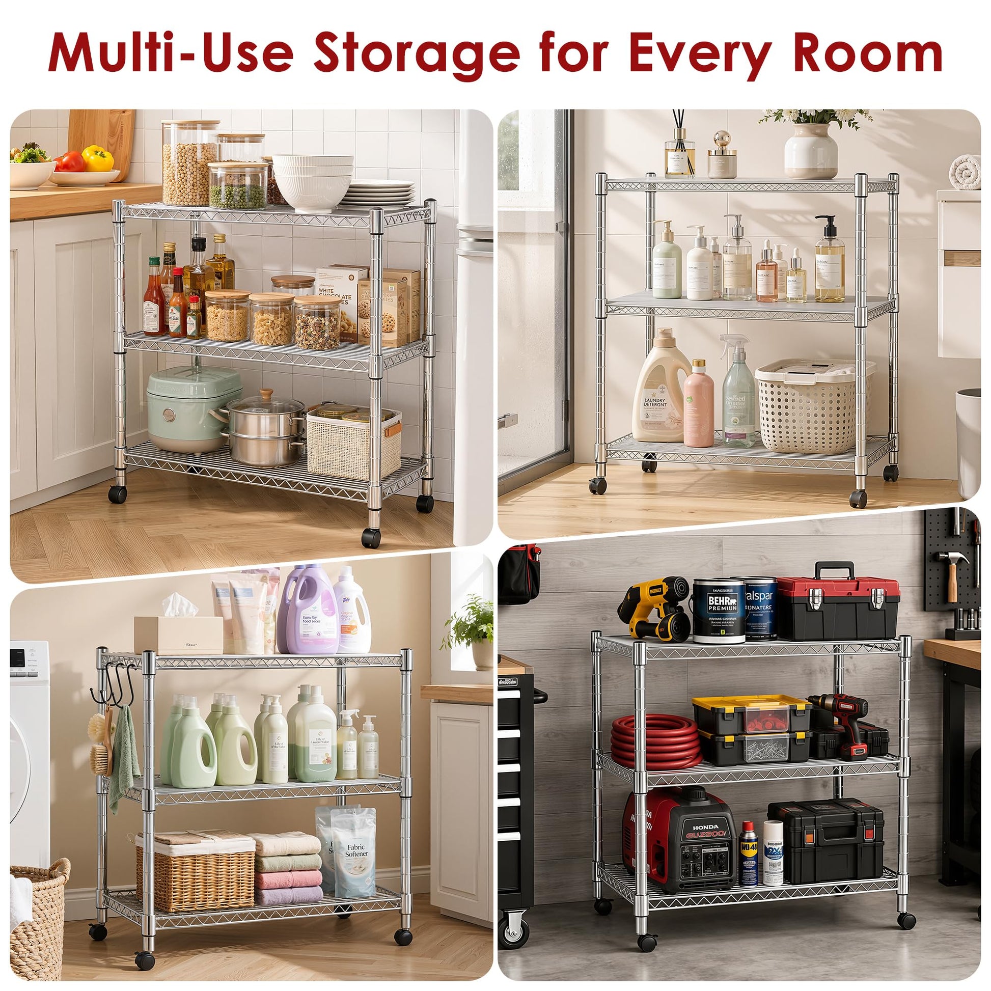 Heavy Duty 3-Shelf Shelving Unit, 24.02" W x 13.78" D x 21.97" H Chrome Steel Storage Rack with