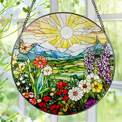 8 Inch Mountain Wildflowers Stained Glass Suncatcher, Suncatchers for Windows Hanging, Window Decor, Grandma Mom Gift for Her, Mother's Day Christmas Birthday