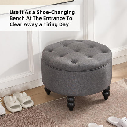 Fabric Round Ottoman with Storage, Upholstered Tufted Storage Footstool, Modern Wooden Coffee Table for Living Room, Bedroom, Dark Grey