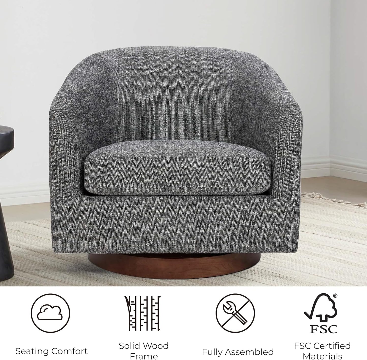 CHITA Swivel Accent Chair, FSC Certified Upholstered Fabric Barrel Chair for Living Room, Fully Assembled, Dark Grey