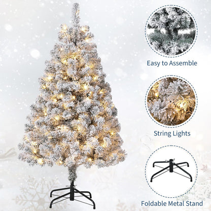 GarveeHome 4.5ft Prelit Artificial Christmas Tree with Warm White Lights, Snow Flocked Full Xmas Tree with 318 Branch Tips, 100 LED Lights & Foldable Stand, Green & White Christmas Decorations