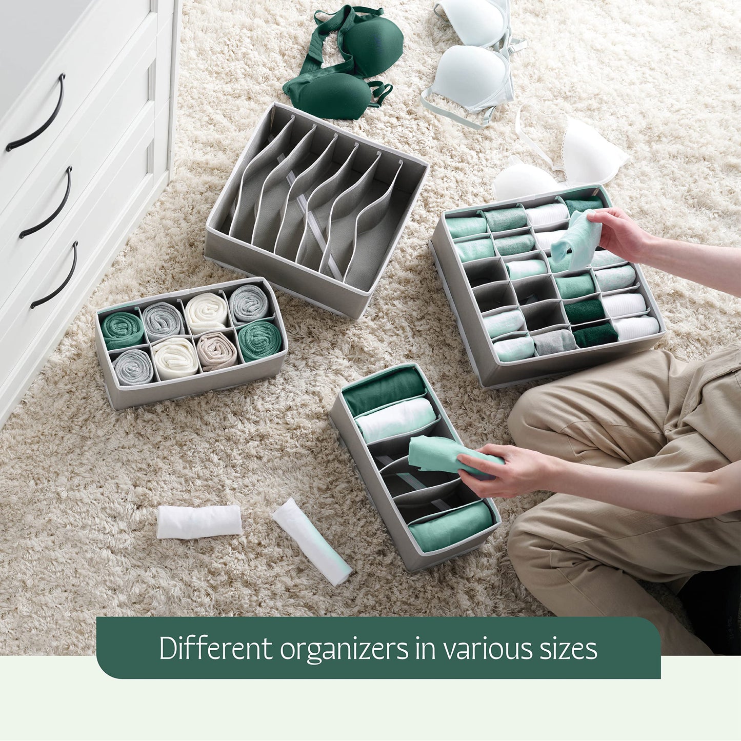 Dresser Organizer, [4 Pk] Grey Fabric Dresser Drawer Organizers (4 Sizes With 45 Slots) Foldable