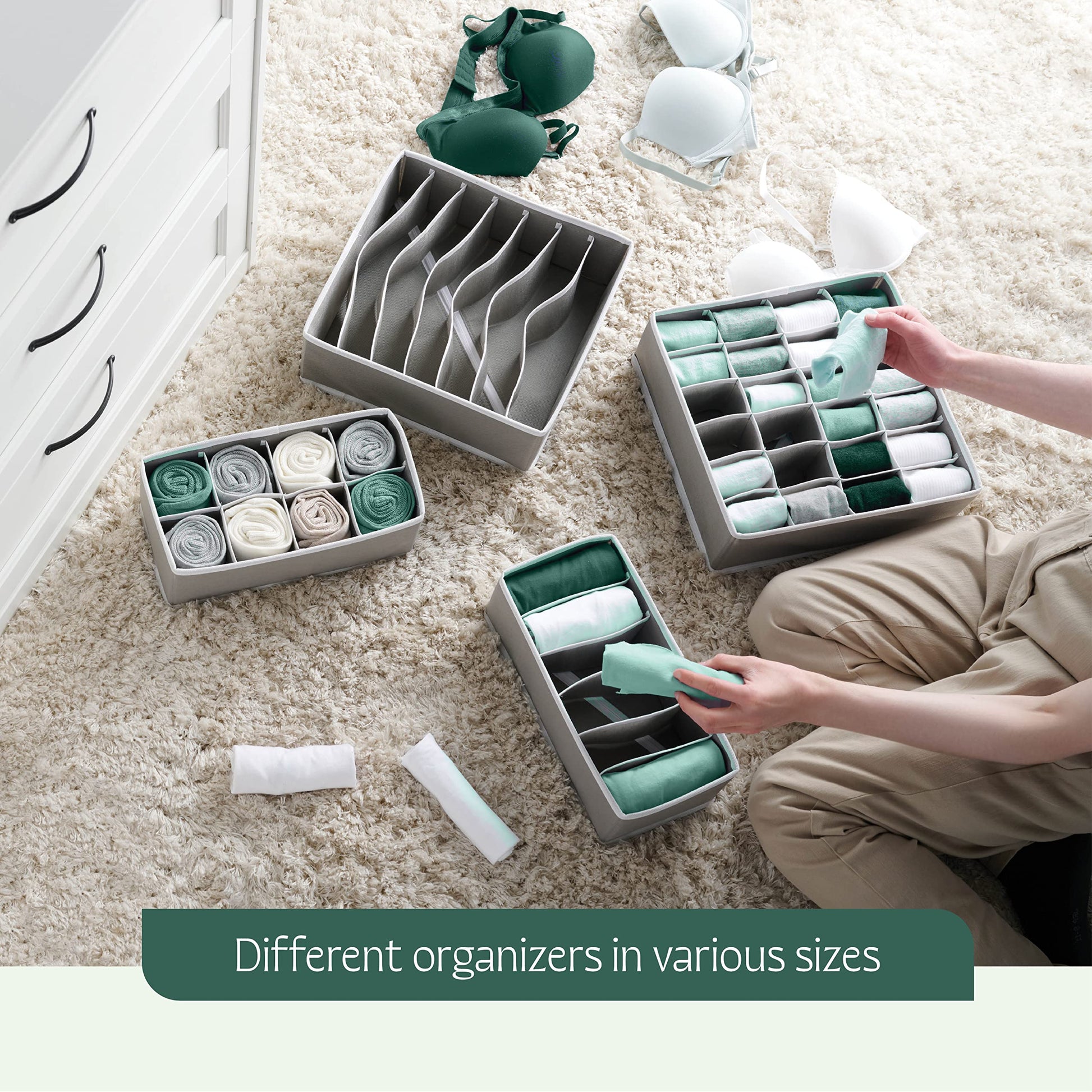 Dresser Organizer, [4 Pk] Grey Fabric Dresser Drawer Organizers (4 Sizes With 45 Slots) Foldable