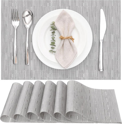 Myir JUN Placemats Set of 6, Vinyl Woven Placemats Place Mats Indoor Washable Table Mats Non-Slip Place mats for Dining Table (Silver, Set of 6)