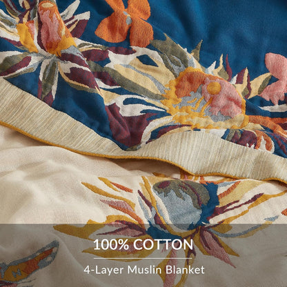 Boho Throw Blanket for Couch Sofa Bed, 100% Cotton Woven Quilt with Tassel 80”x90”, Super Soft Muslin Blanket with Floral Printed, Decorative Reversible Bed Blanket/Cover for All Seasons