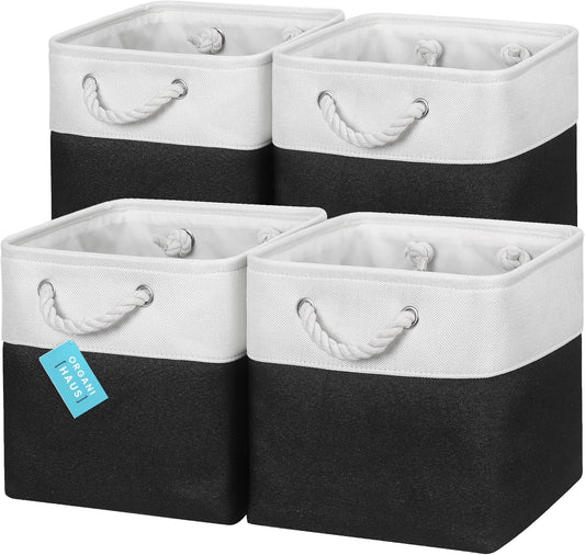 OrganiHaus 11x11 Cube Storage Bins 4 Pack, Foldable Cube Storage Organizer w/ Rope Handles, Collapsible Fabric Bins for Toys, Clothes & Closet Organization, Fabric Square Baskets - Black/White