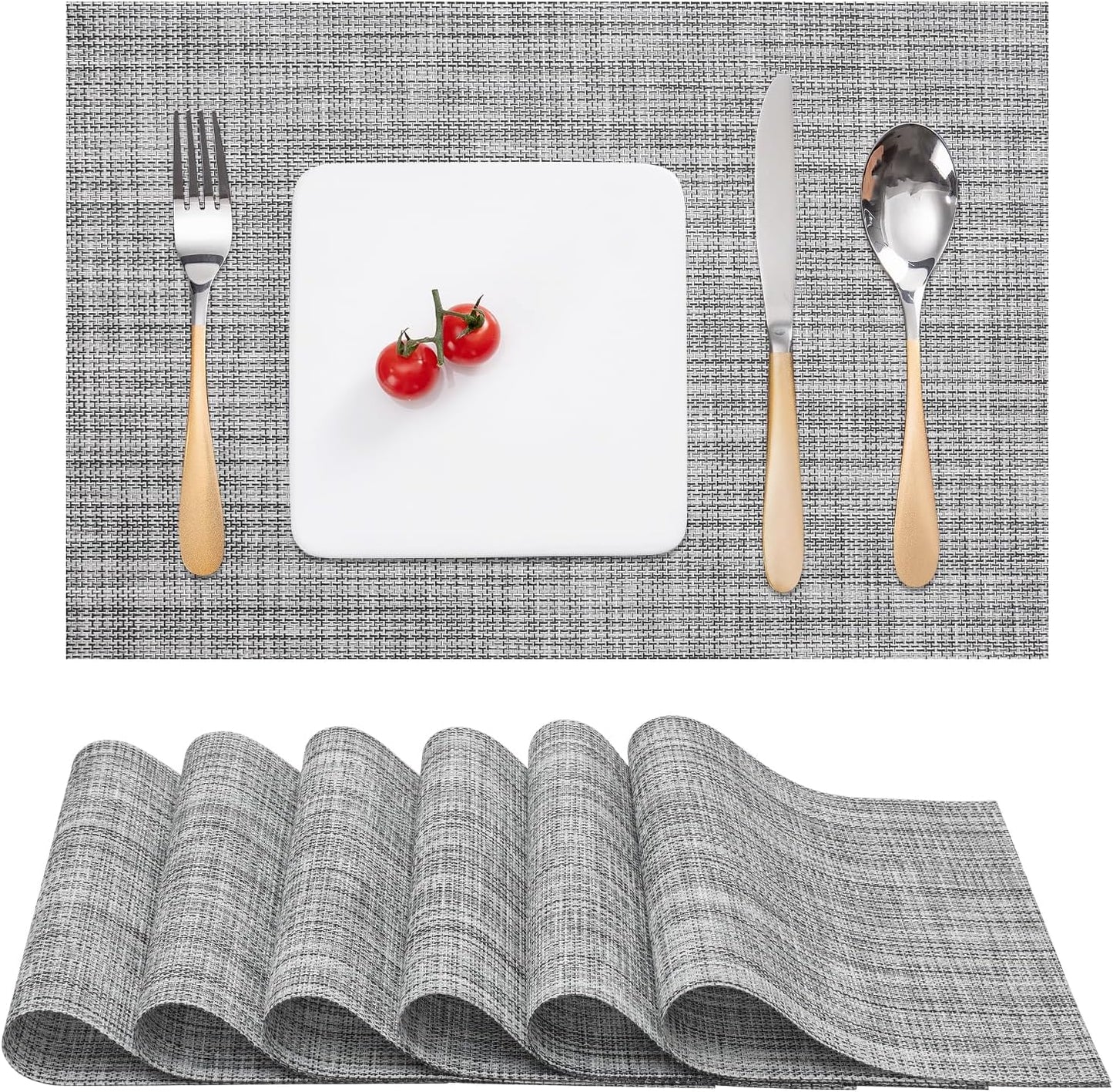 Myir JUN Placemats Set of 6, Vinyl Woven Placemats Place Mats Indoor Washable Table Mats Non-Slip Place mats for Dining Table (Light Gray, Set of 6)