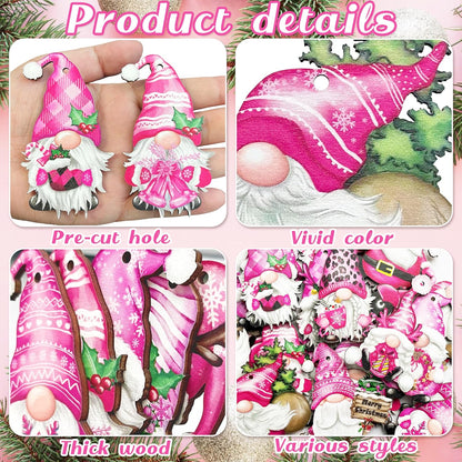 Christmas Wooden Hanging Ornaments, Wood Hanging Decor for Christmas Tree Decoration Gnome Santa Doll Wooden Hanging Craft Gnome Elf Party Supplies (Xmas-Gnomes-D)