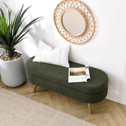 Oval Storage Bench 43.5" Linen Fabric Upholstered Entryway Bench with Solid Wood Legs Ottoman Bench Indoor Bench for Living Room/Bedroom/End of Bed/Entryway (Dark Green)
