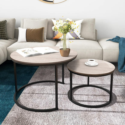Round Coffee Tables Nesting Side Set of 2 End Tables for Living Room,Round Table with Solid Powder-Coated Metal Frame Natural Wood Color