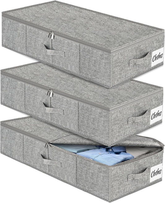 Under Bed Storage Container Bin 3 Pack, Low Profile Foldable Underbed Clothes Storage Organizer W/ Ultra Thick Fabric and Sturdy Bottom/Sides, Dual Zipper Storage Box for Dorm and Home 30x16x6.7"