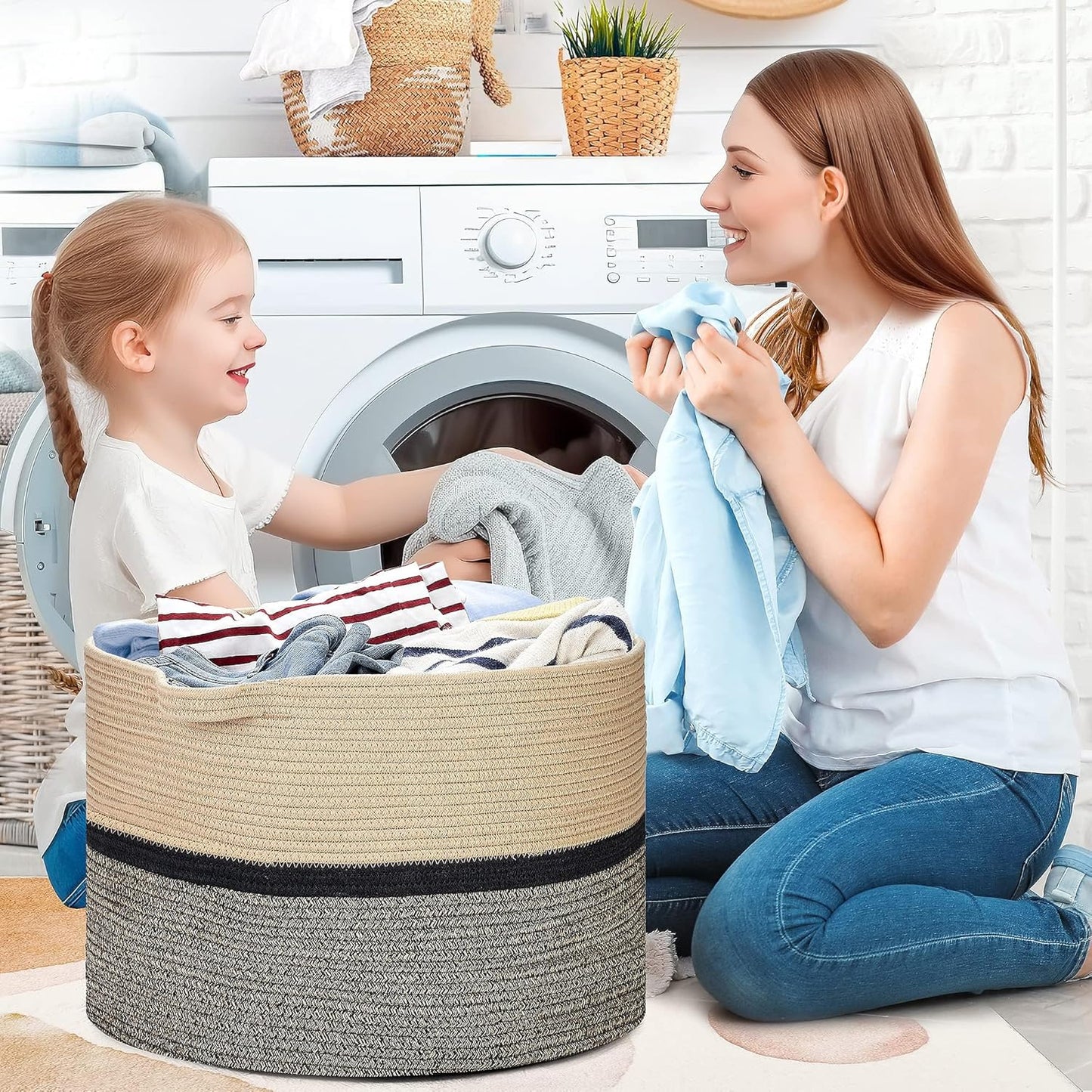 Ravinte Blanket Basket - 20"x 20"x 13" Cotton Rope Basket for Living Room, Baby Toy Storage Basket, Large Woven Laundry Basket (Brown-Black)