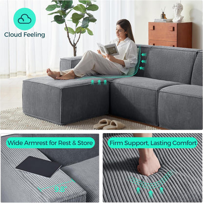 LINSY HOME Modular Sectional Sofa, 134" Boneless Couch L Shaped 4-Seat Sofa with Movable Ottoman, Corduroy Sectional Cloud Couches for Living Room, No Assembly Required, Bluish Grey