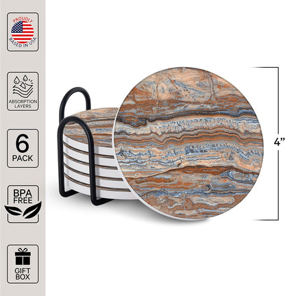 Emerson Coasters for Drinks Absorbent – Natural Stone Drink Coasters Set with Holder, Coasters for Coffee Table, Wooden Tabletop Protection Marble Style – 100% Heavy Duty Set of 6 (Terra)