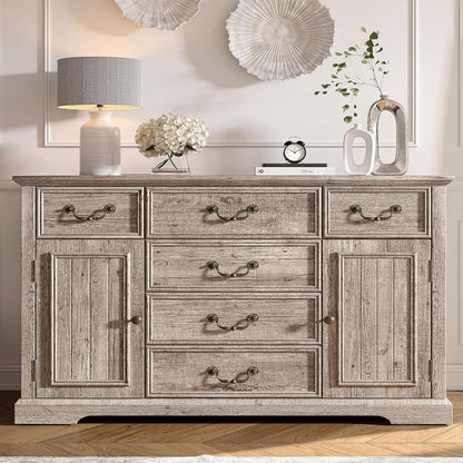 EnHomee Dresser for Bedroom with 6 Drawer & 2 Doors Wood Dressers & Chests of Drawers Farmhouse TV Stand,Entryway,Light Rustic Oak