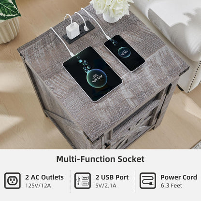 JXQTLINGMU Farmhouse End Table with Charging Station, 18'' Rustic Nightstand with Barn Door & Adjustable Shelf, Wooden Sofa Side Table with 3-Tier Storage for Living Room, Bedroom, Gray