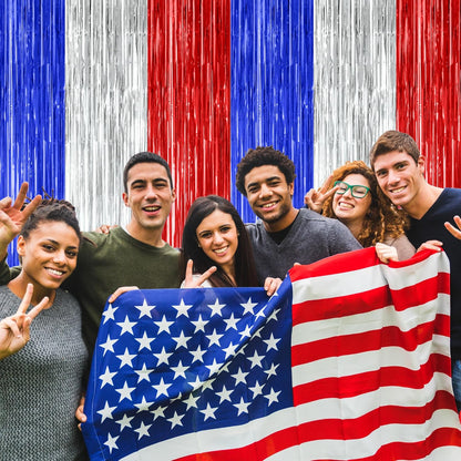 2 Pack 4th of July Party Supplies, 3.28 FT x 7.05 FT 4th of July Tinsel Backdrop, Blue Silver Red Color Fringe Curtains Streamer Backdrop, 4th of July Photo Backdrop Party Decorations