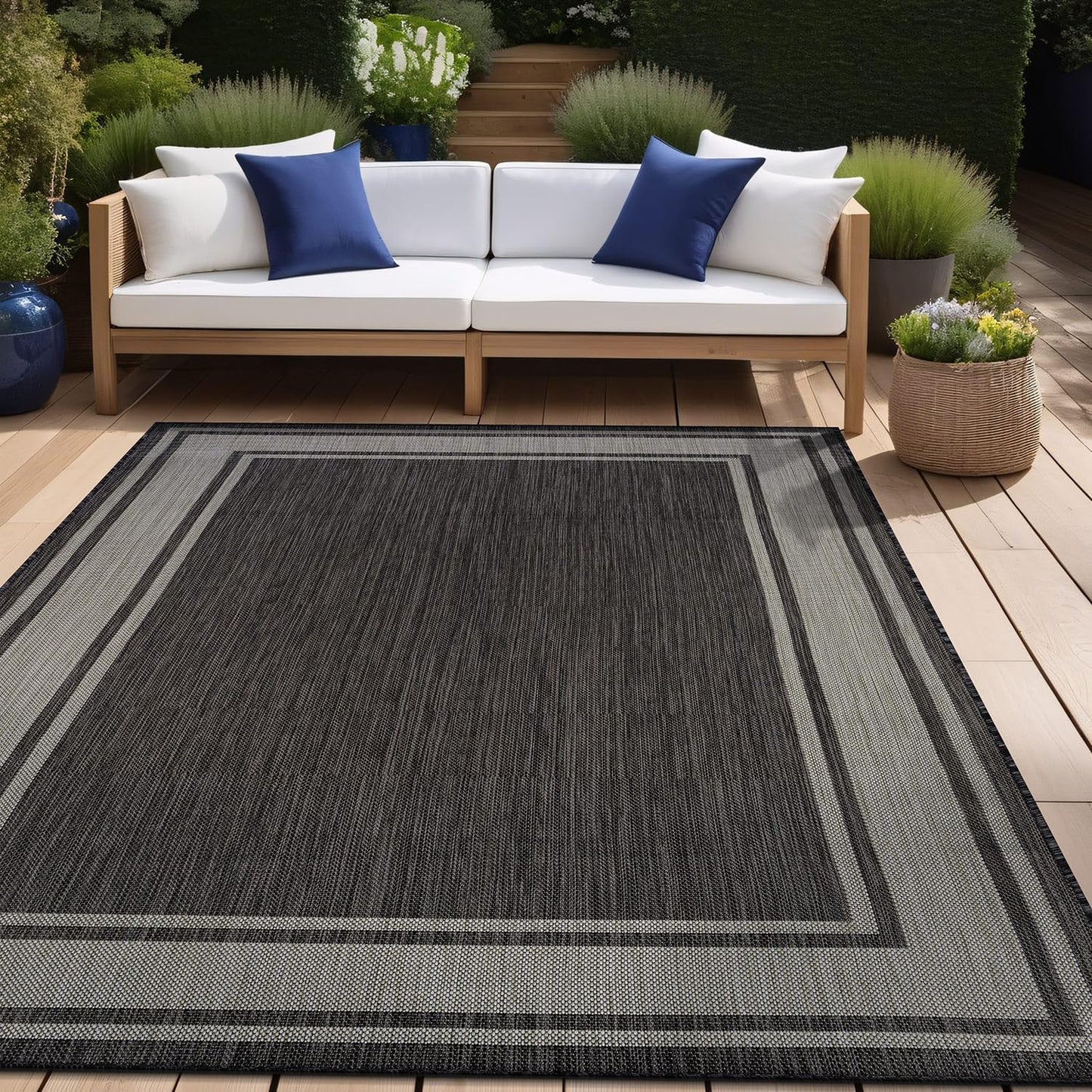 Beverly Rug Outdoor Rug 8x10 Modern Bordered Area Rugs for Indoor and Outdoor Patio Deck Porch Garden Waterproof Weather Sun Resistant Washable Outside Carpet (8 x 10 Dark Gray)