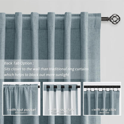 BOODII 108 Inch Black Out Curtains 2 Panels Set Back Tab Thermal Insulated Natural Linen Textured Blackout Curtains Noise Reducing Stone Blue Neutral Living Room Darkening Window Drapes 52x108