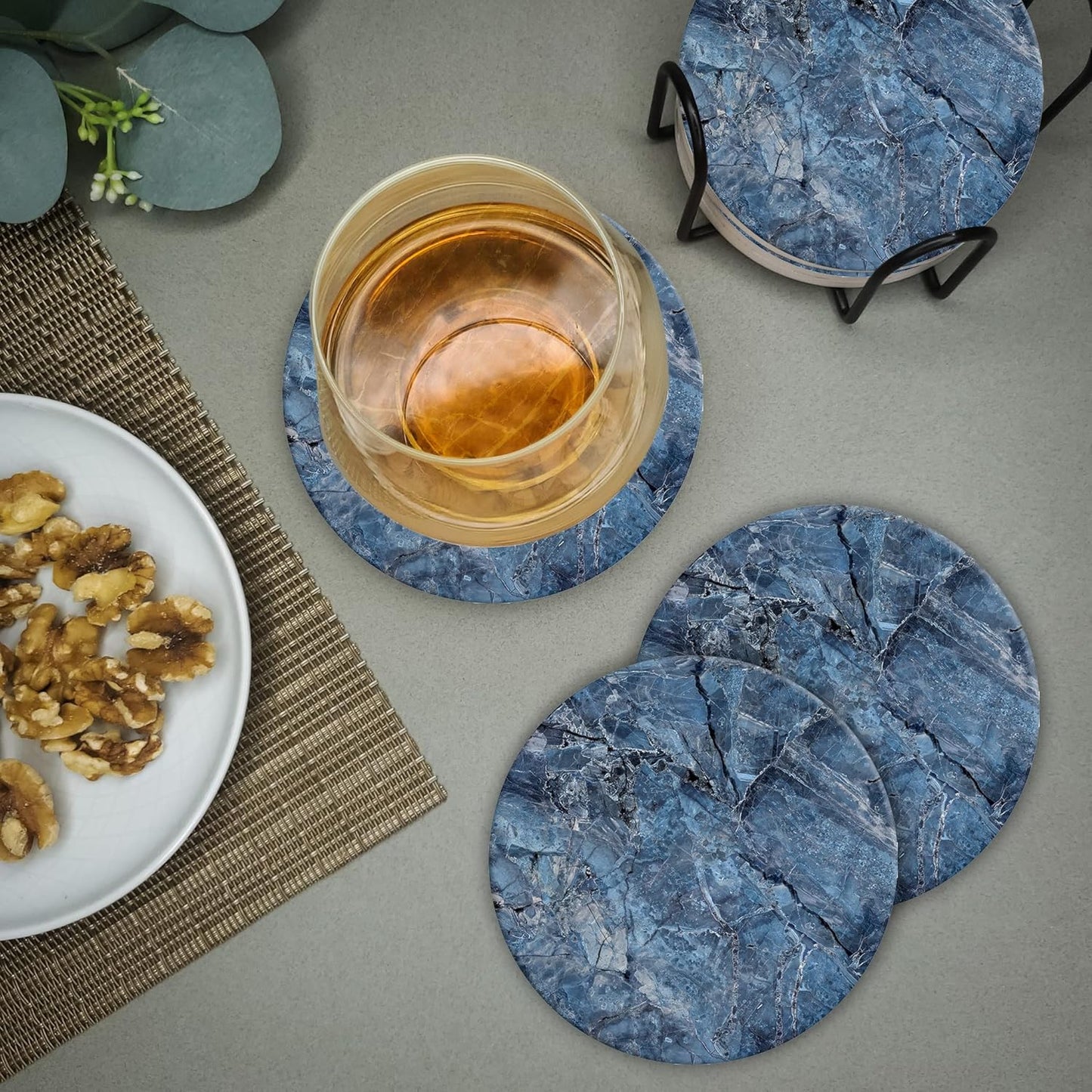 Emerson Coasters for Drinks Absorbent – Natural Stone Drink Coasters Set with Holder, Coasters for Coffee Table, Wooden Tabletop Protection Marble Style – 100% Heavy Duty Set of 6 (Mystic)